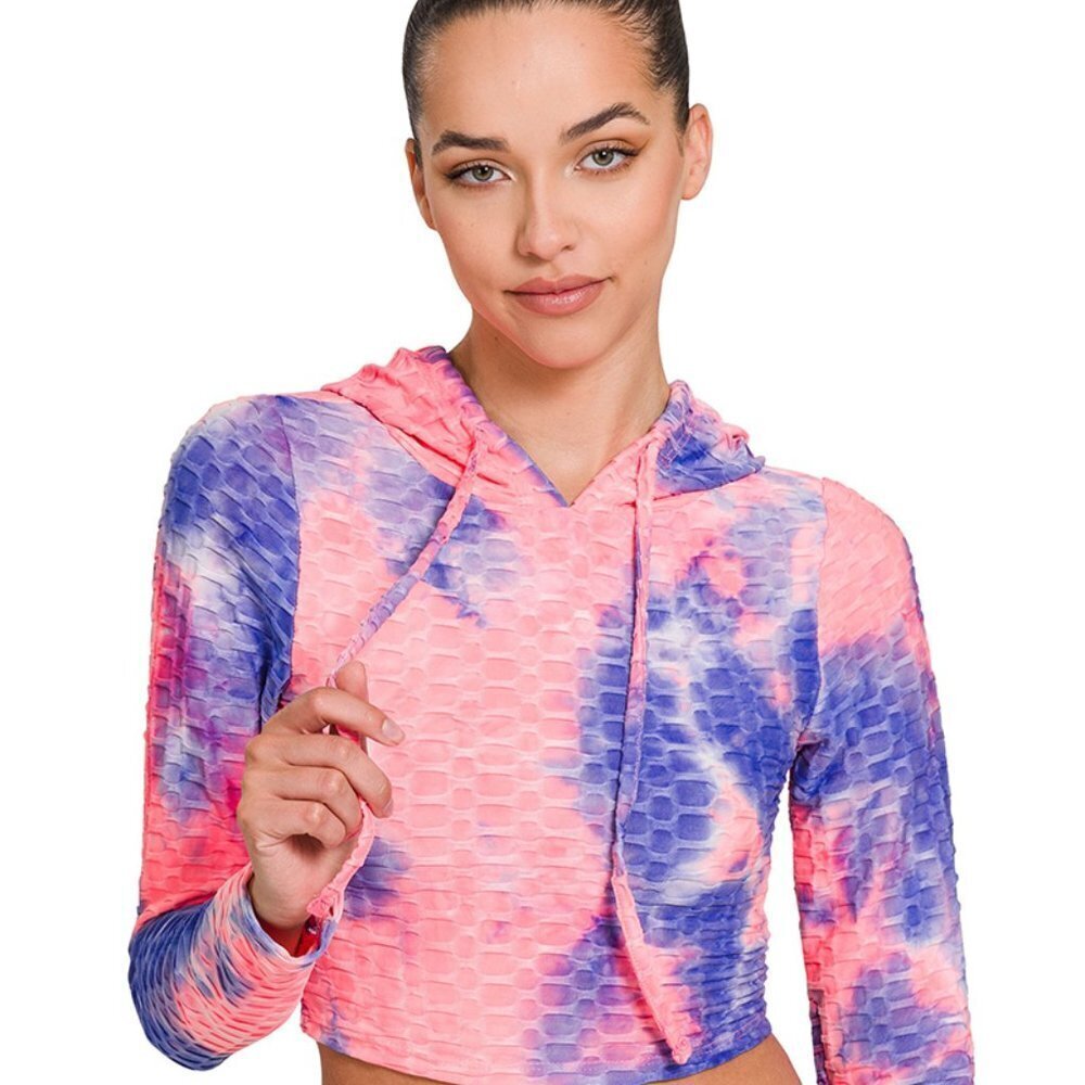 Zenana Pink Blue Tie Dye Cropped Hoodie Stretch Athleisure Top NWT